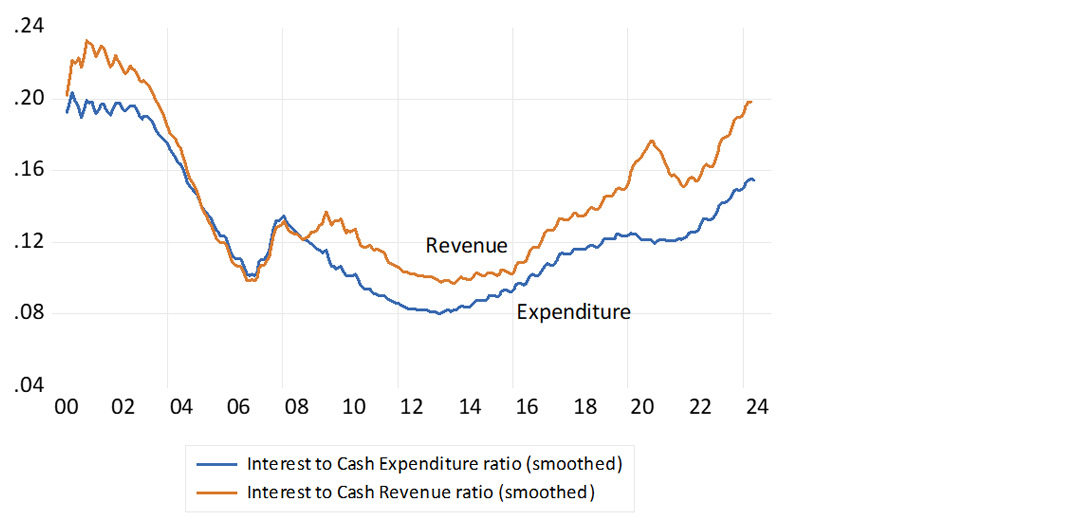 Interest payments as a share of government revenue and expenditure