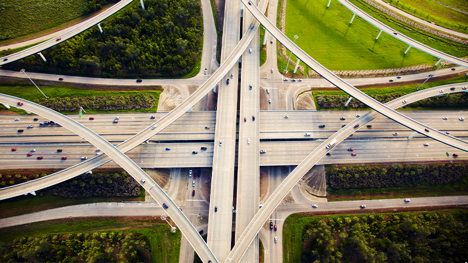 Aerial view of traffic and overpasses